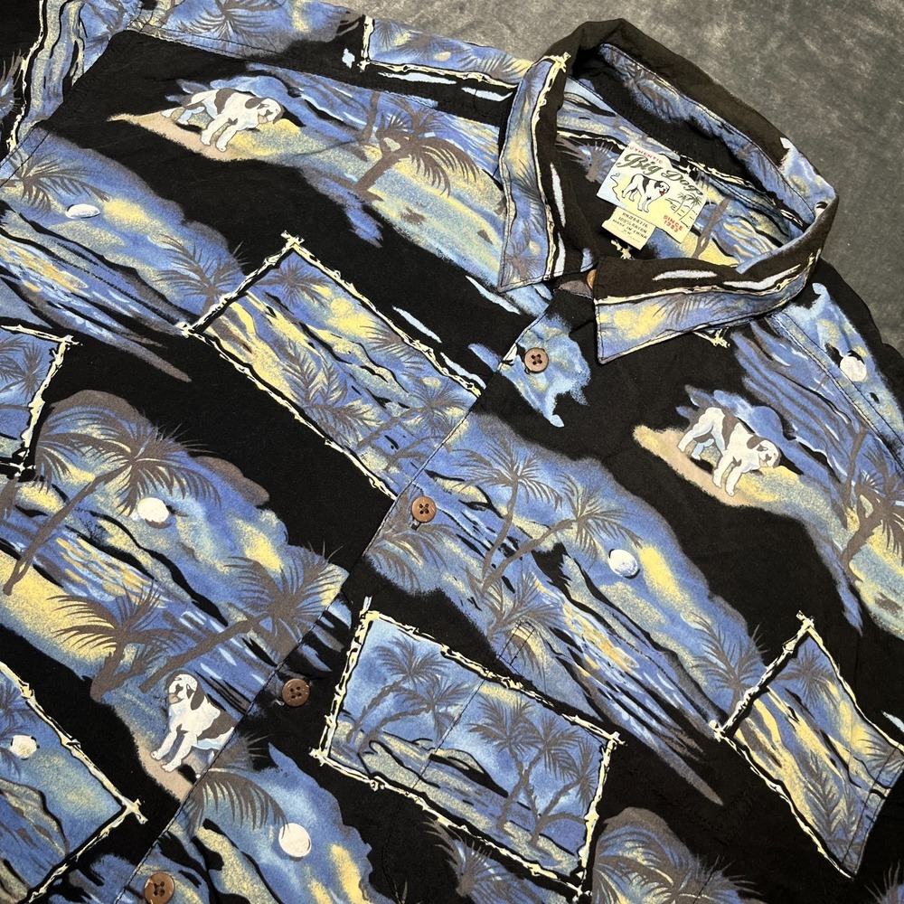 Vintage BIG DOGS Hawaiian Shirt Men's 2XL 100% Rayon Palm Trees Moon Beach Night